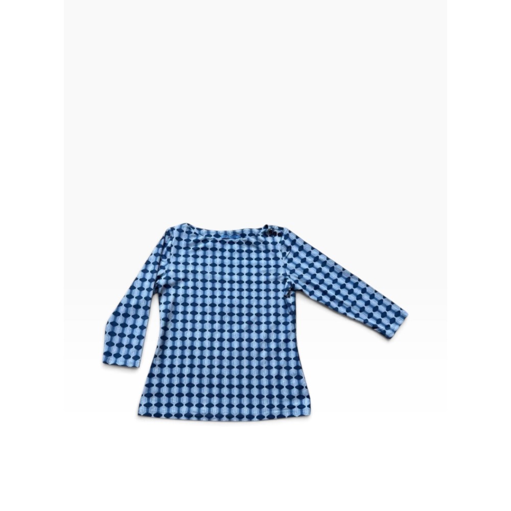 J.McLaughlin Blue Geometric Boatneck 3/4 Sleeve Button Shoulder Top Size S - Picture 3 of 9